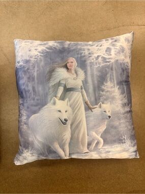 Fantasy White Wolf & Woman Decorative Pillow - Pale Blue